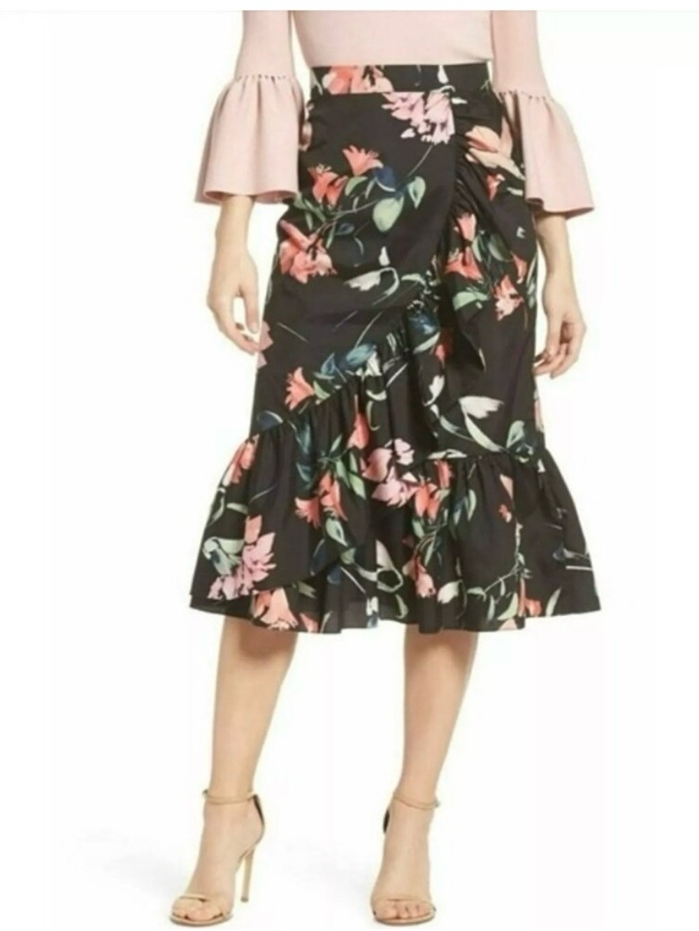 Eliza J Black Floral Ruffle Midi Skirt